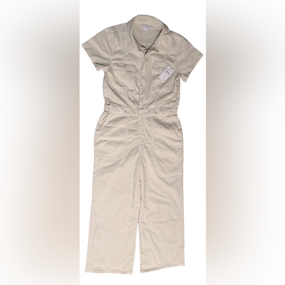 Good American Fit For Success Twill Palazzo Crop Jumpsuit in Ecru, Size: Large - Picture 8 of 14